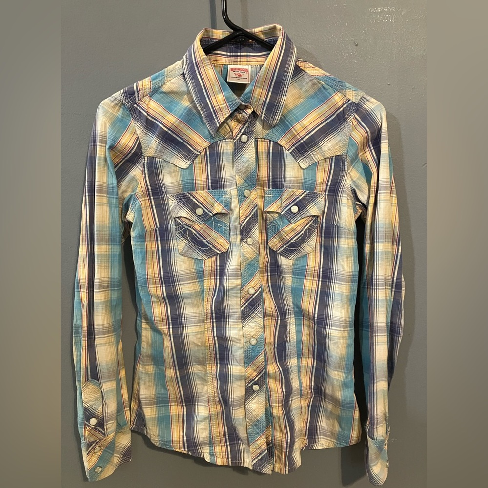 True Religion Women's Snap Up Plaid Shirt Pearl Snaps Western Cotton XS